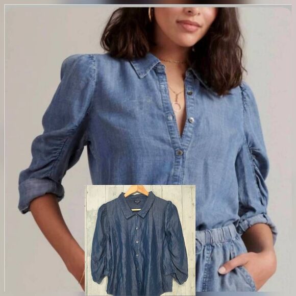 Splendid Puff Sleeve Chambray Button Down Top Blouse Sz. L - Picture 1 of 7